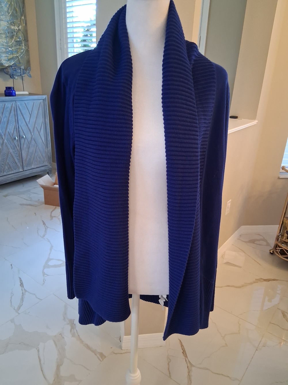 INC International Concepts Deep Blue Ribbed Shawl-Collar Open Cardigan